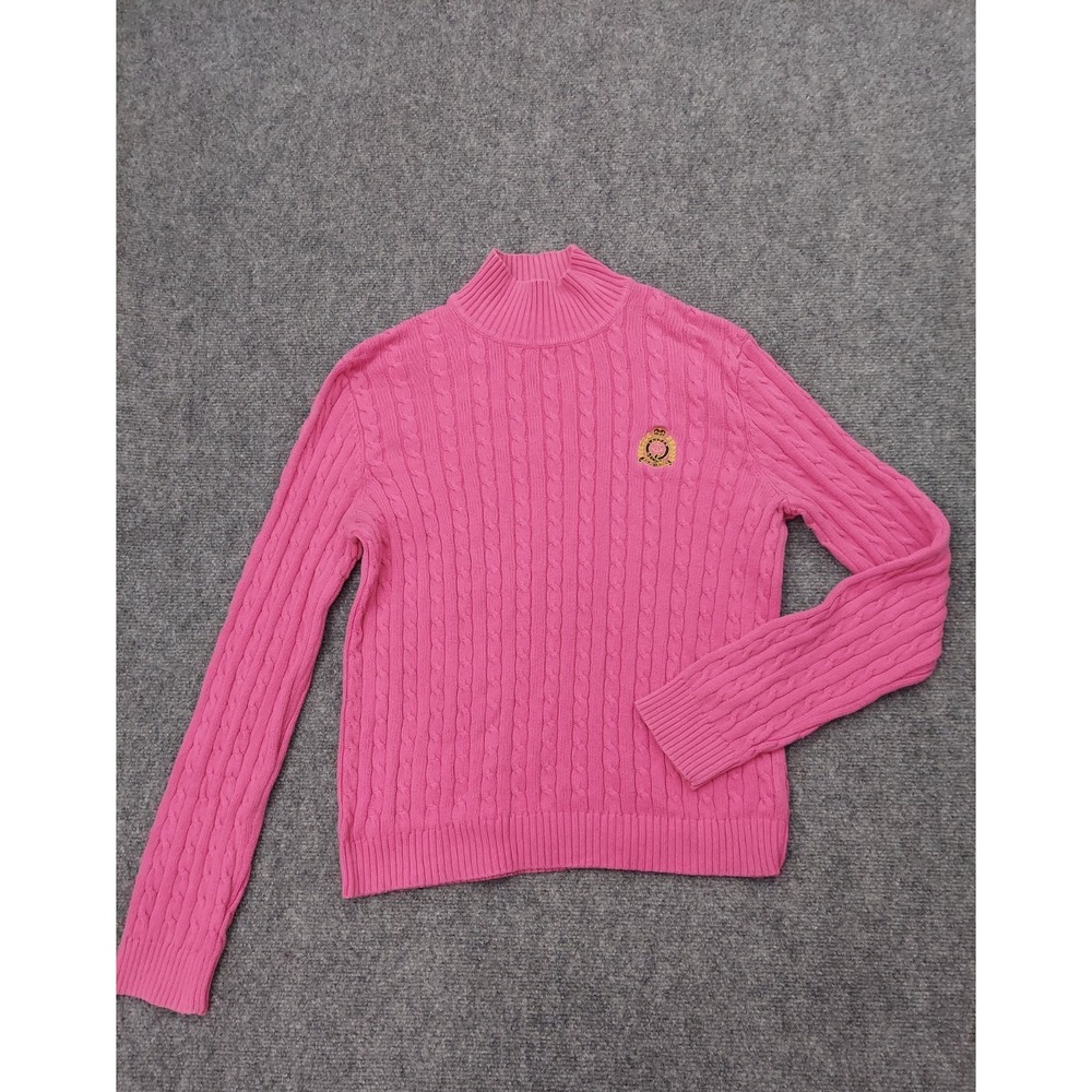 LRL Ralph Lauren Sweater Womens Medium Pink Cable Knit Mock Neck Crest Y2K